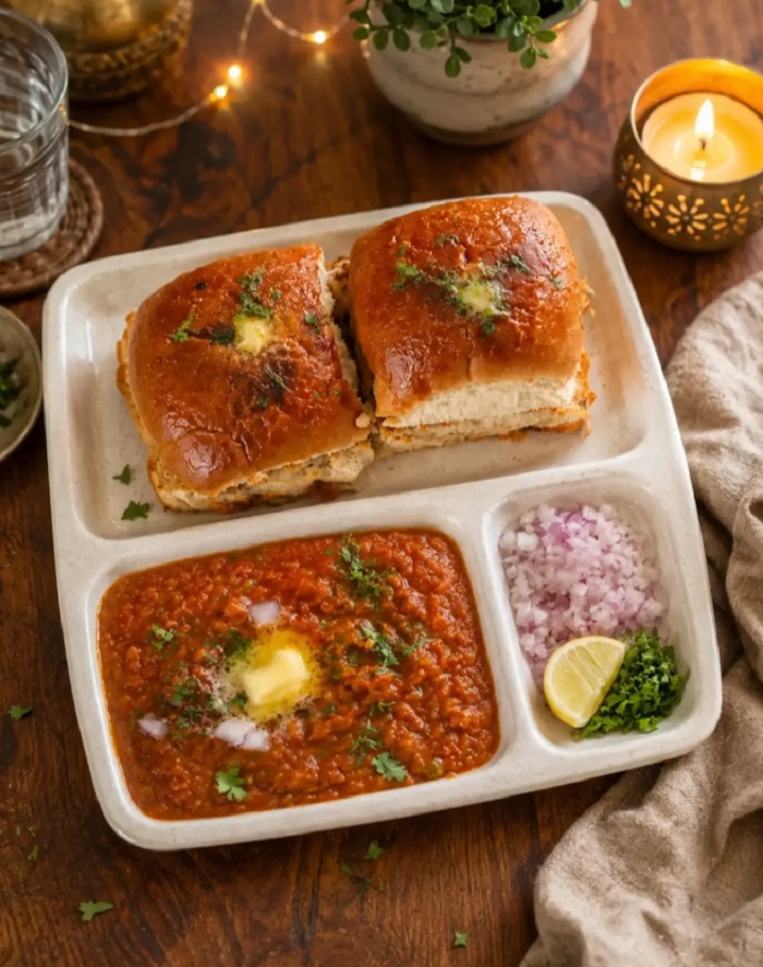 Thưởng thức món Pav Bhaji được chấm cùng nước sốt sánh mịn